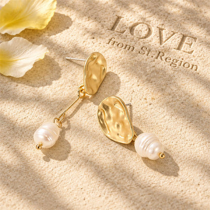 Pearl and 18K Gold-Plated Mismatch Drop Earrings, gold drop earrings for women, everyday style, lifestyle look