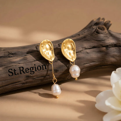 Pearl and 18K Gold-Plated Mismatch Drop Earrings, gold drop earrings for women, everyday style, front view