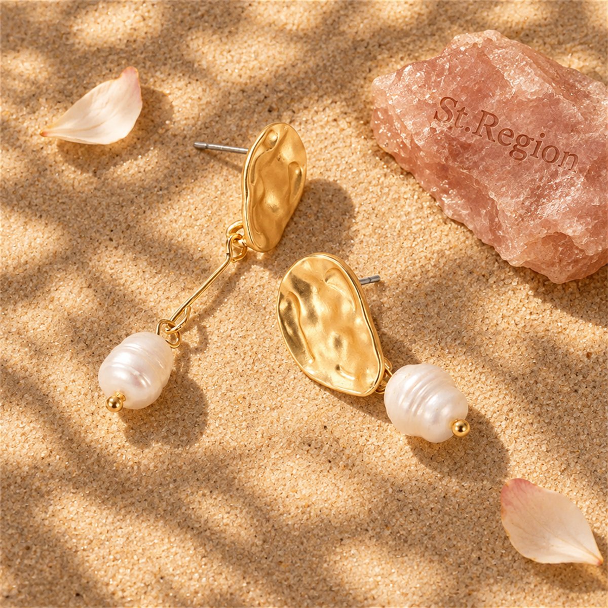 Pearl and 18K Gold-Plated Mismatch Drop Earrings, gold drop earrings for women, everyday style, detail close-up