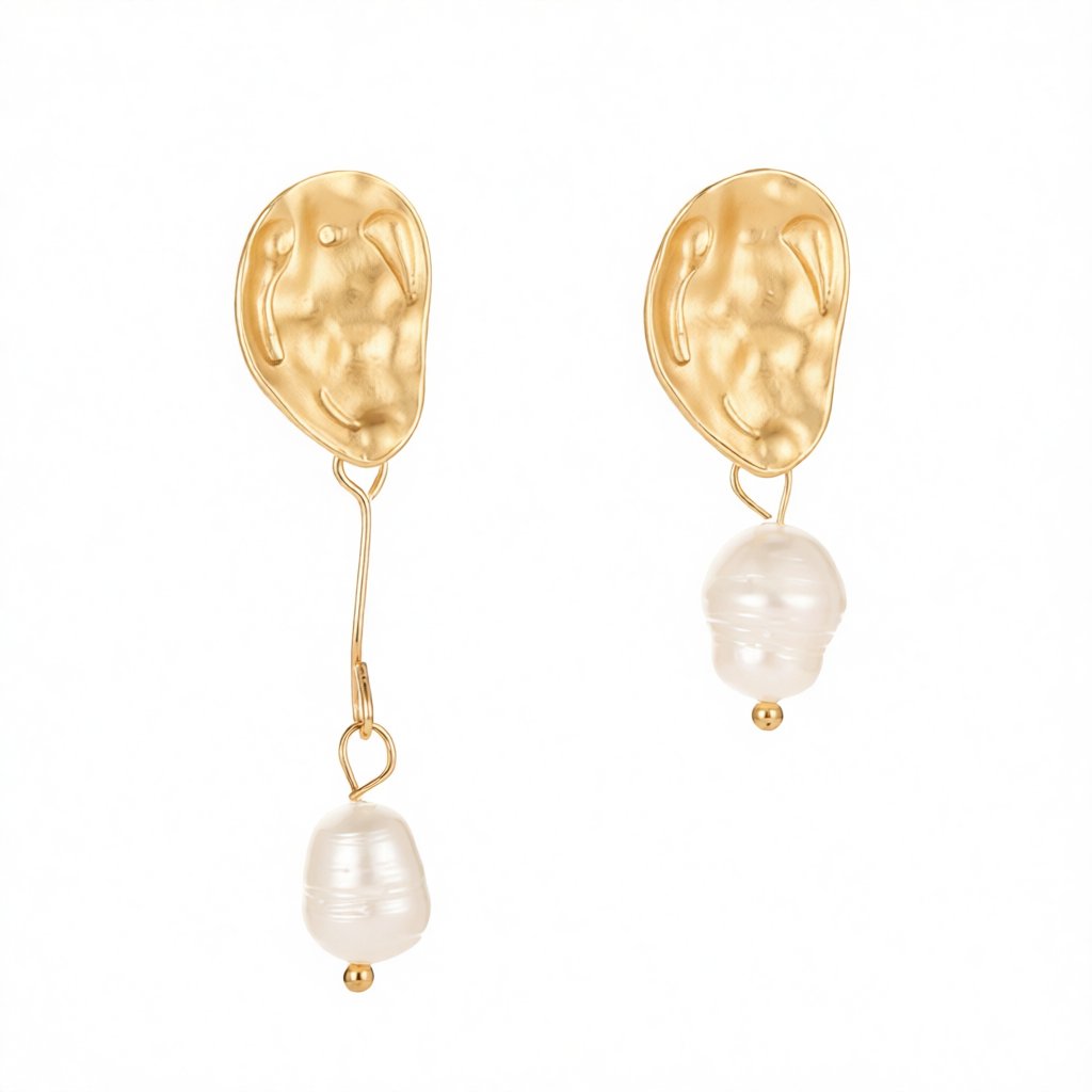 Pearl and 18K Gold-Plated Mismatch Drop Earrings, gold drop earrings for women, everyday style, side view