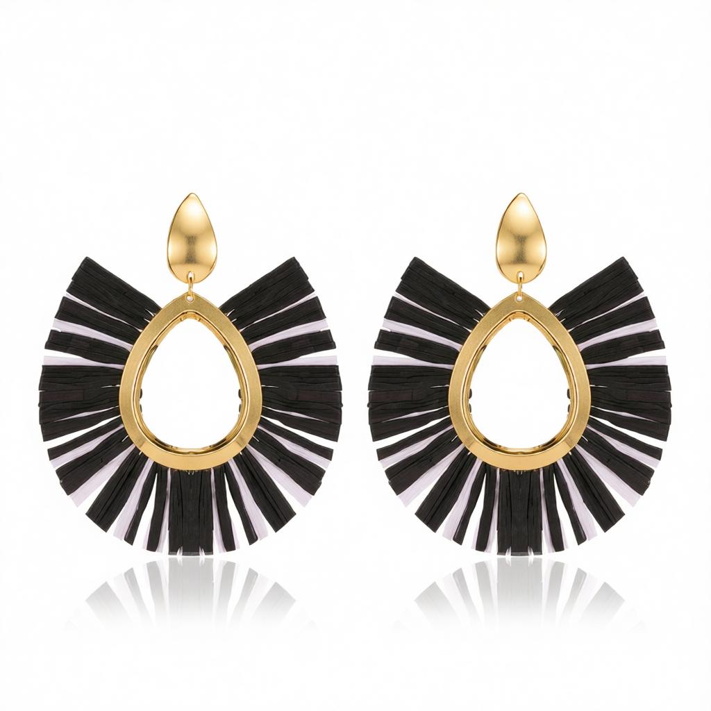 Black Raffia and 18K Gold-Plated Fan Drop Earrings, gold drop earrings for women, vintage-inspired design, side view