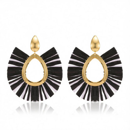 Black Raffia and 18K Gold-Plated Fan Drop Earrings, gold drop earrings for women, vintage-inspired design, side view