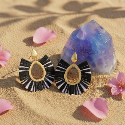 Black Raffia and 18K Gold-Plated Fan Drop Earrings, gold drop earrings for women, vintage-inspired design, detail close-up