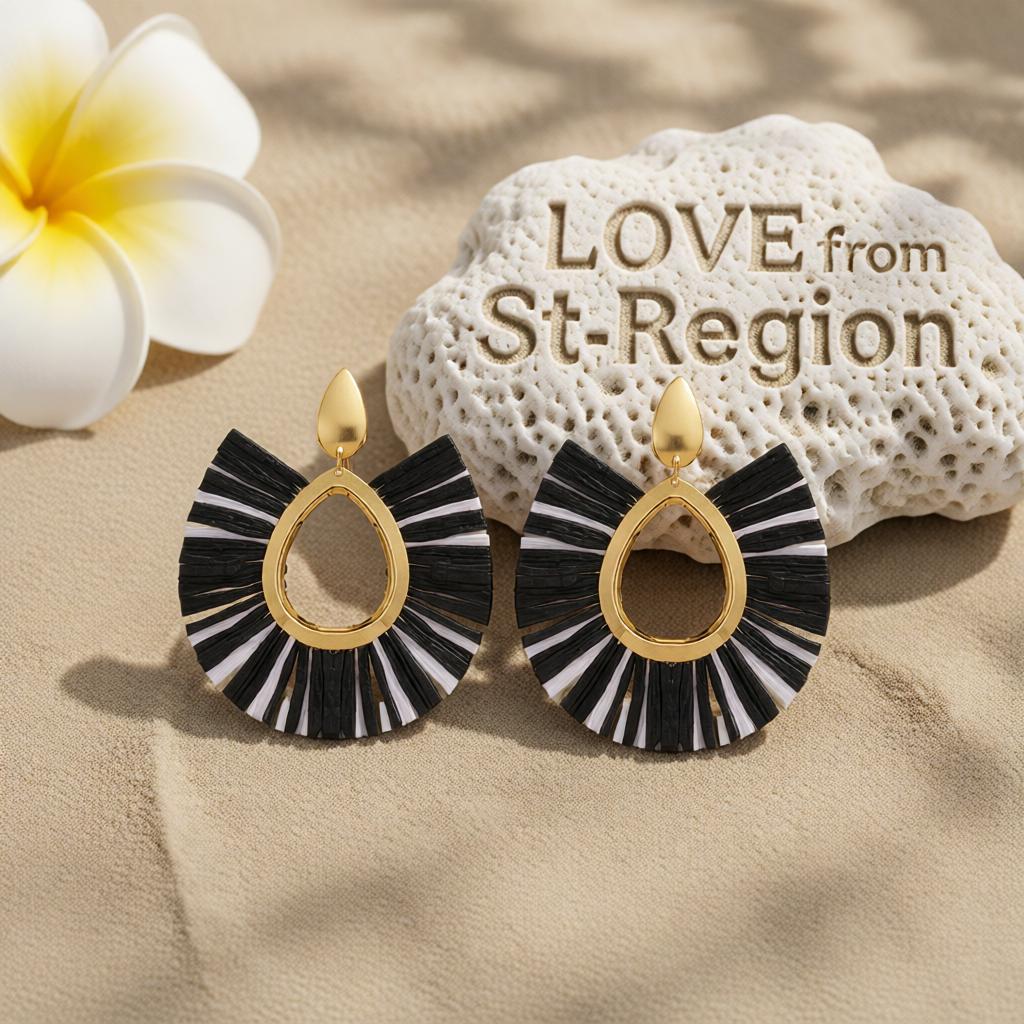 Black Raffia and 18K Gold-Plated Fan Drop Earrings, gold drop earrings for women, vintage-inspired design, lifestyle look