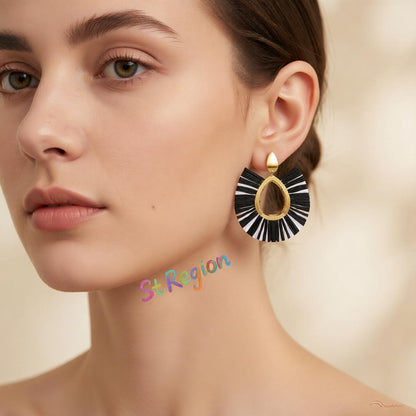 Black Raffia and 18K Gold-Plated Fan Drop Earrings, gold drop earrings for women, vintage-inspired design, styled look
