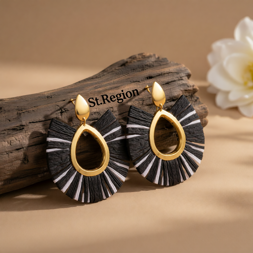 Black Raffia & 18K Gold-Plated Fan Drop Earrings