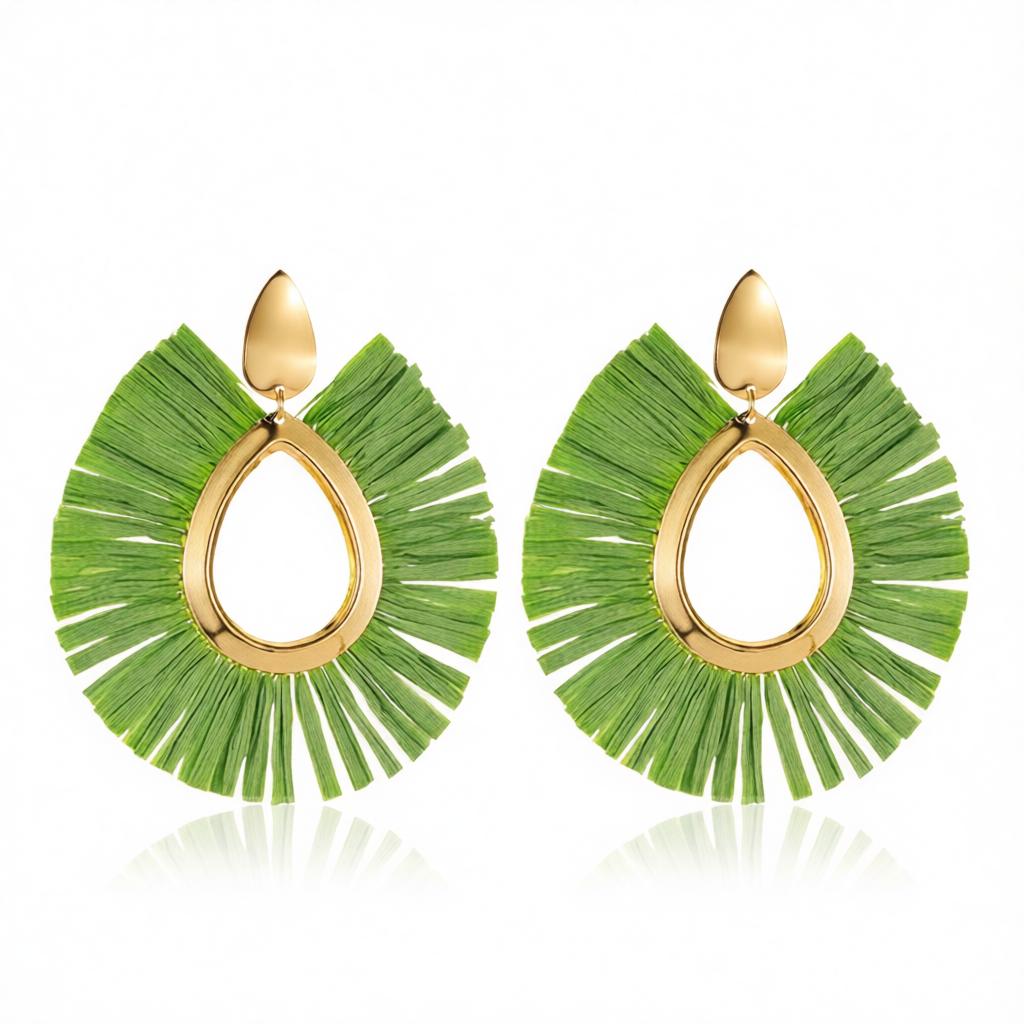 Green Raffia and 18K Gold-Plated Drop Earrings, gold drop earrings for women, dainty minimalist design, side view