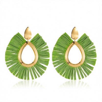 Green Raffia and 18K Gold-Plated Drop Earrings, gold drop earrings for women, dainty minimalist design, side view