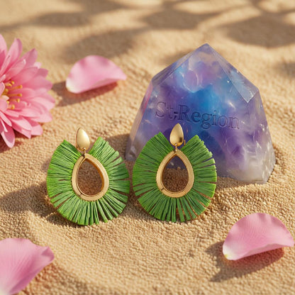 Green Raffia and 18K Gold-Plated Drop Earrings, gold drop earrings for women, dainty minimalist design, detail close-up