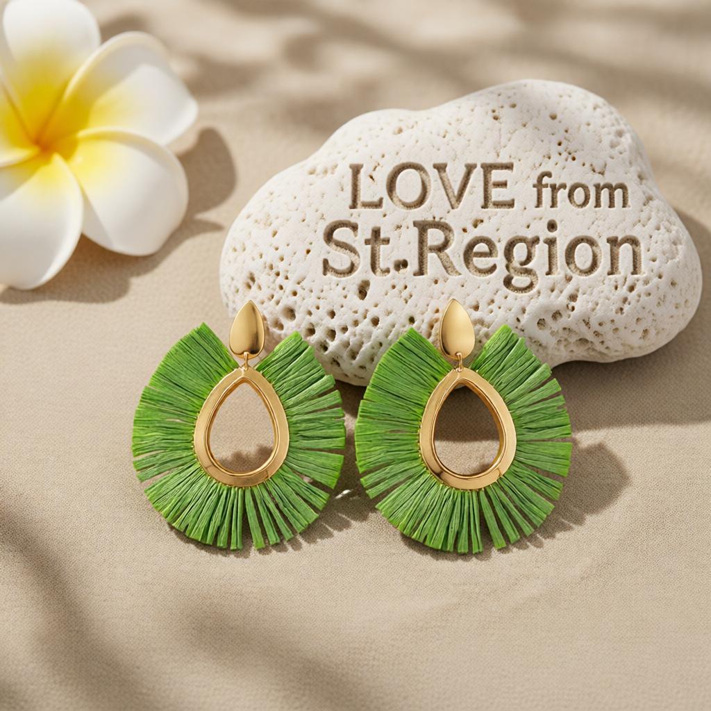 Green Raffia and 18K Gold-Plated Drop Earrings, gold drop earrings for women, dainty minimalist design, lifestyle look