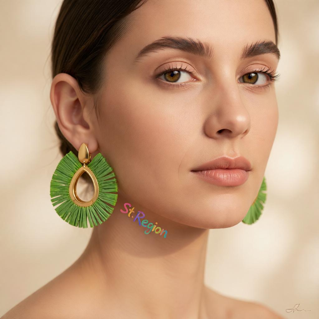 Green Raffia and 18K Gold-Plated Drop Earrings, gold drop earrings for women, dainty minimalist design, styled look