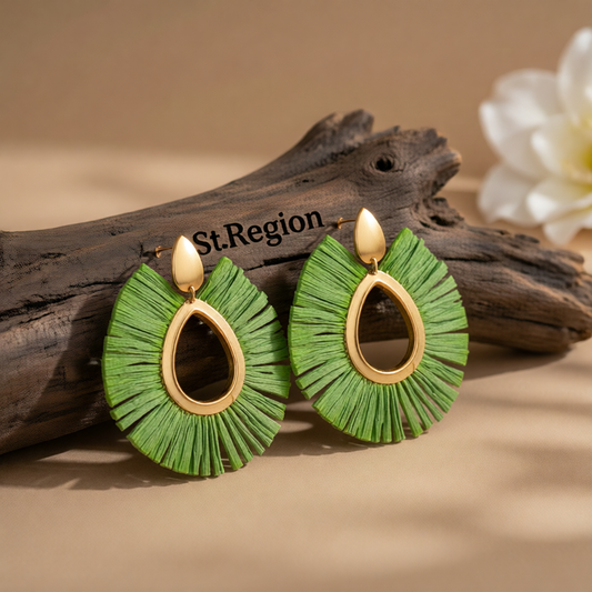 Green Raffia & 18K Gold-Plated Drop Earrings