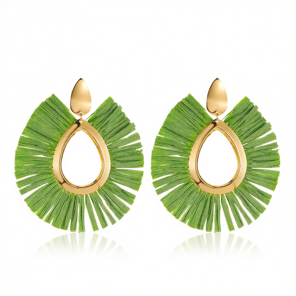 Green Raffia & 18K Gold-Plated Drop Earrings