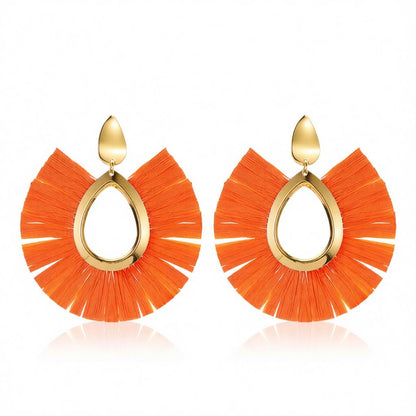 Orange Raffia and 18K Gold-Plated Drop Earrings, gold drop earrings for women, everyday style, side view