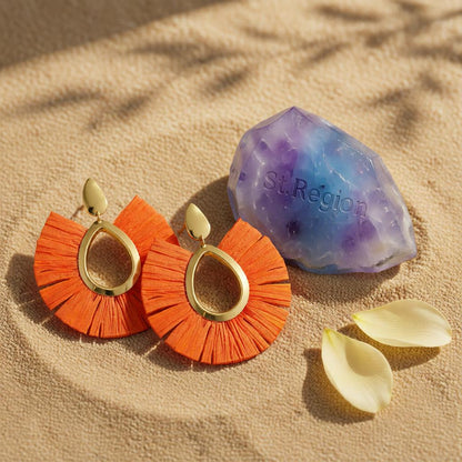 Orange Raffia and 18K Gold-Plated Drop Earrings, gold drop earrings for women, everyday style, detail close-up