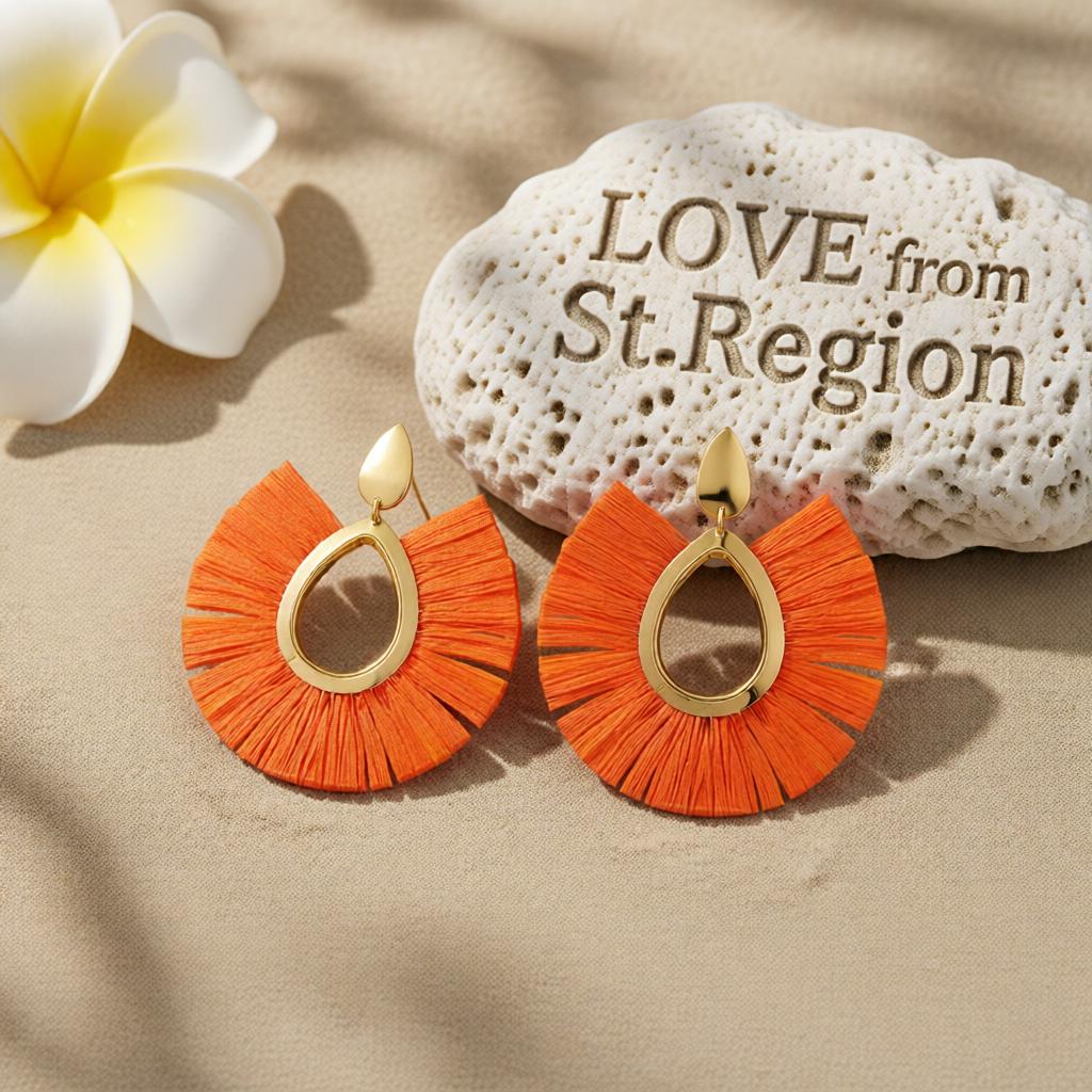 Orange Raffia and 18K Gold-Plated Drop Earrings, gold drop earrings for women, everyday style, lifestyle look