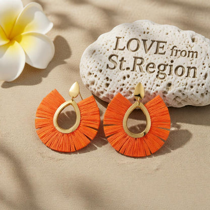 Orange Raffia and 18K Gold-Plated Drop Earrings, gold drop earrings for women, everyday style, lifestyle look