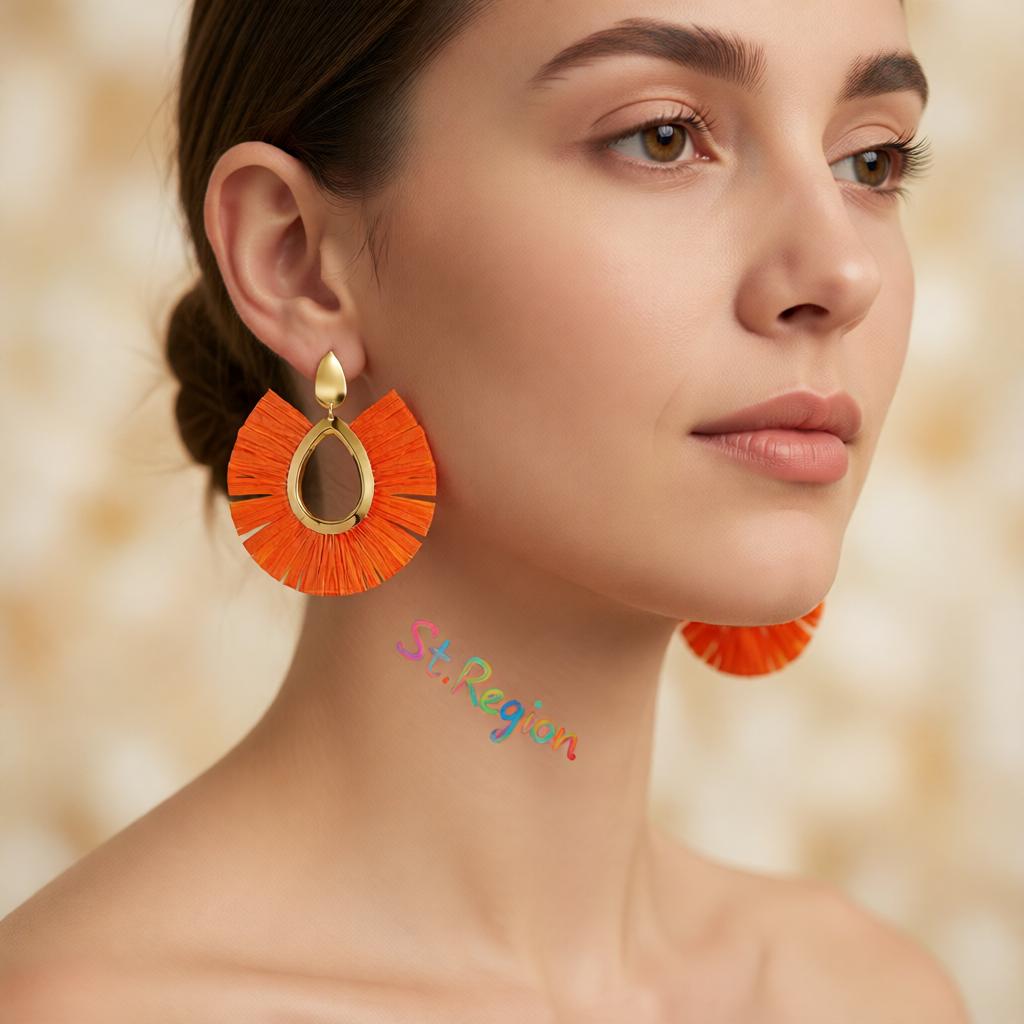 Orange Raffia and 18K Gold-Plated Drop Earrings, gold drop earrings for women, everyday style, styled look