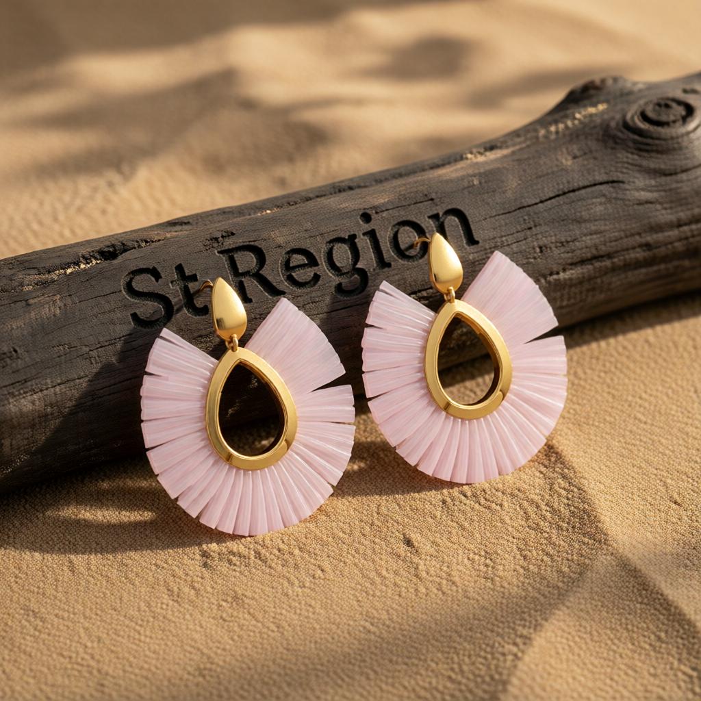White Raffia and 18K Gold-Plated Fan Drop Earrings, gold drop earrings for women, botanical inspired, front view