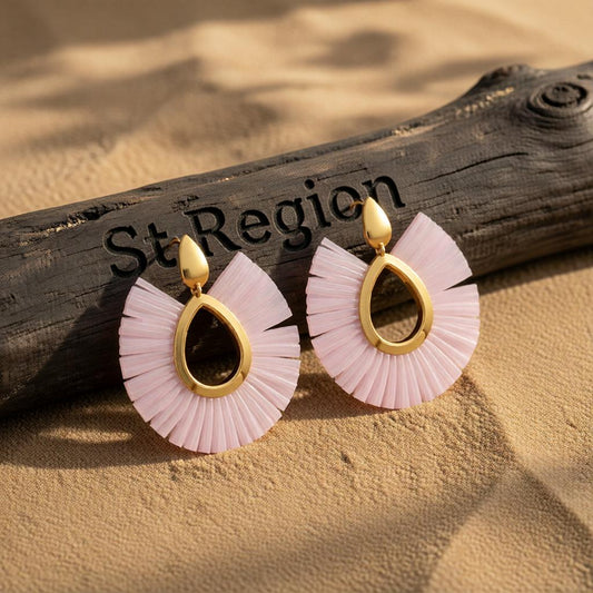 White Raffia and 18K Gold-Plated Fan Drop Earrings, gold drop earrings for women, botanical inspired, front view