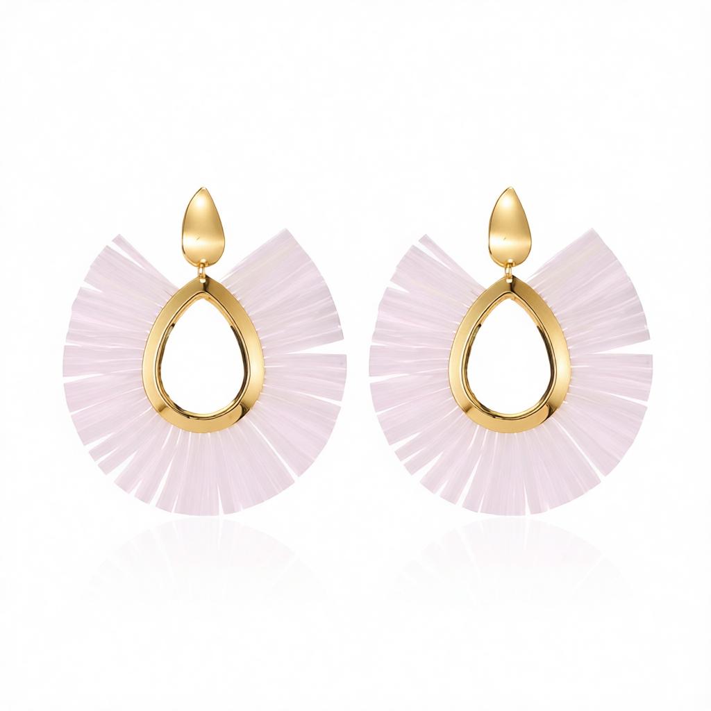 White Raffia and 18K Gold-Plated Fan Drop Earrings, gold drop earrings for women, botanical inspired, side view