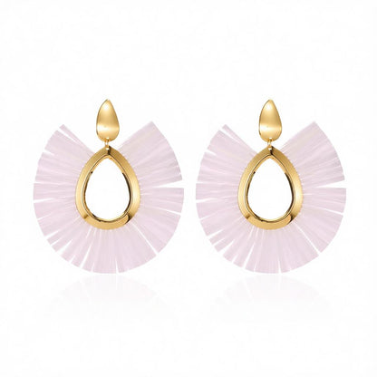 White Raffia and 18K Gold-Plated Fan Drop Earrings, gold drop earrings for women, botanical inspired, side view