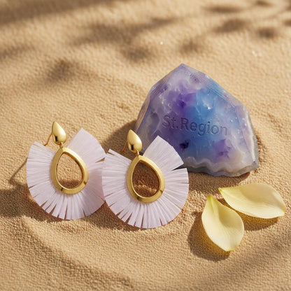 White Raffia and 18K Gold-Plated Fan Drop Earrings, gold drop earrings for women, botanical inspired, detail close-up