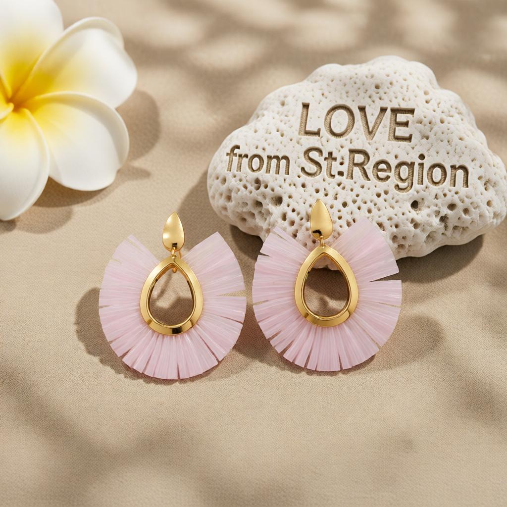 White Raffia and 18K Gold-Plated Fan Drop Earrings, gold drop earrings for women, botanical inspired, lifestyle look