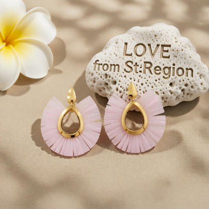 White Raffia and 18K Gold-Plated Fan Drop Earrings, gold drop earrings for women, botanical inspired, lifestyle look
