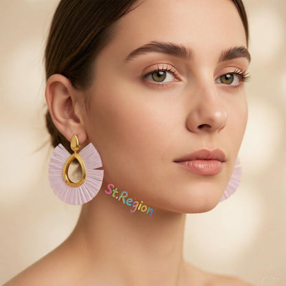 White Raffia and 18K Gold-Plated Fan Drop Earrings, gold drop earrings for women, botanical inspired, styled look