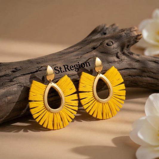 Yellow Raffia and 18K Gold-Plated Tassel Drop Earrings, gold drop earrings for women, botanical inspired, front view