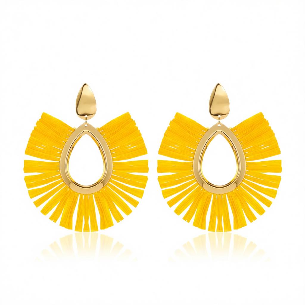 Yellow Raffia and 18K Gold-Plated Tassel Drop Earrings, gold drop earrings for women, botanical inspired, side view