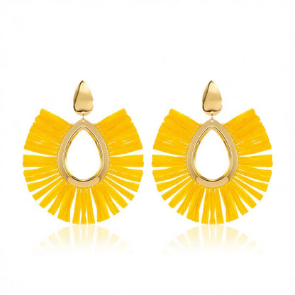 Yellow Raffia and 18K Gold-Plated Tassel Drop Earrings, gold drop earrings for women, botanical inspired, side view