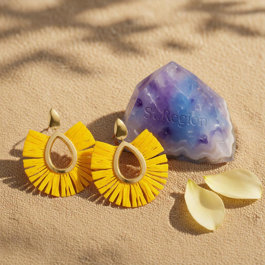 Yellow Raffia and 18K Gold-Plated Tassel Drop Earrings, gold drop earrings for women, botanical inspired, detail close-up