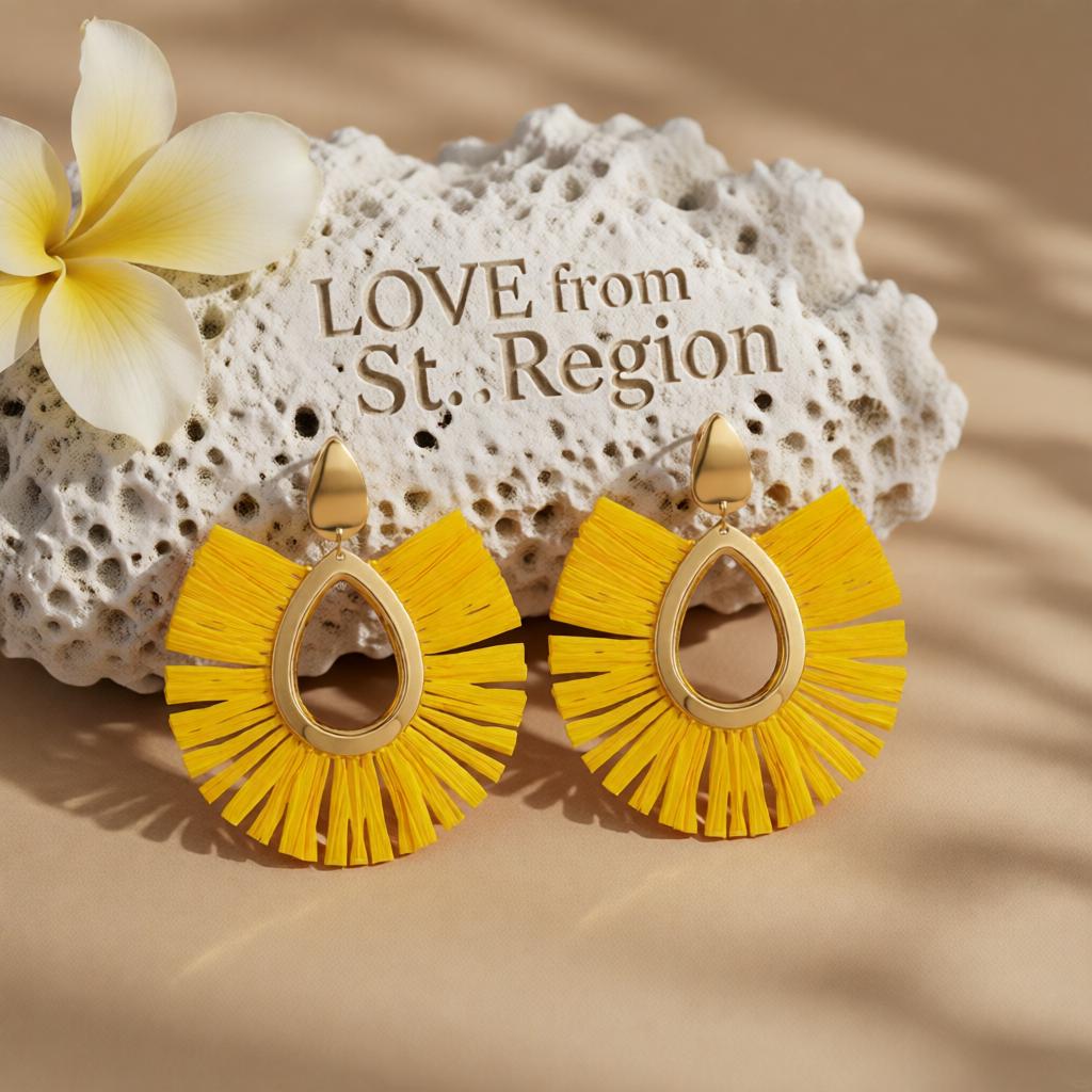 Yellow Raffia and 18K Gold-Plated Tassel Drop Earrings, gold drop earrings for women, botanical inspired, lifestyle look