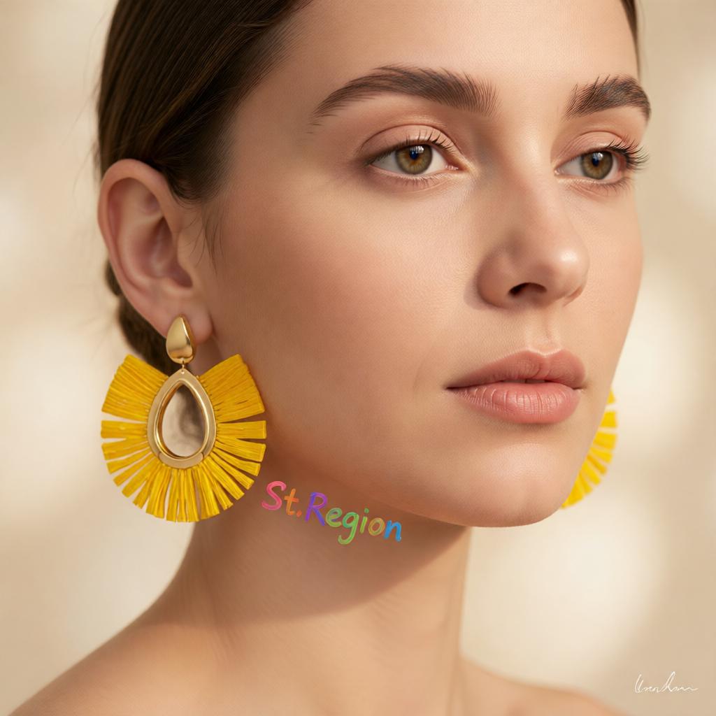 Yellow Raffia and 18K Gold-Plated Tassel Drop Earrings, gold drop earrings for women, botanical inspired, styled look
