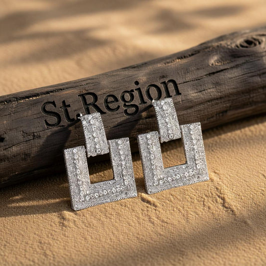 Cubic Zirconia and Silver-Plated Open Square Drop Earrings, silver drop earrings for women, front view