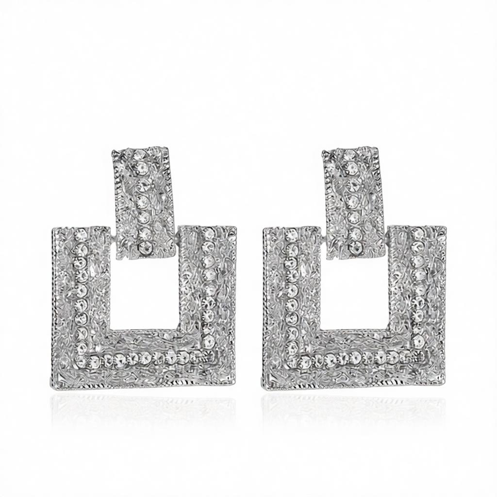 Cubic Zirconia and Silver-Plated Open Square Drop Earrings, silver drop earrings for women, side view