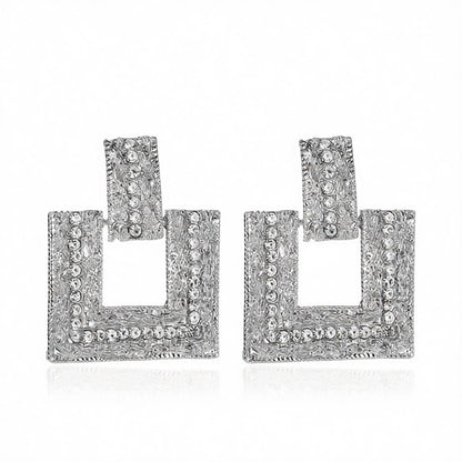 Cubic Zirconia and Silver-Plated Open Square Drop Earrings, silver drop earrings for women, side view