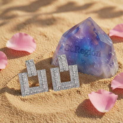 Cubic Zirconia and Silver-Plated Open Square Drop Earrings, silver drop earrings for women, detail close-up