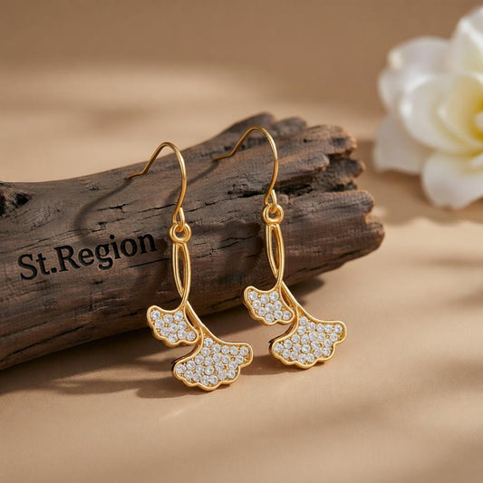 Cubic Zirconia and 18K Gold-Plated Gingko Leaf Drop Earrings, gold drop earrings for women, botanical inspired, front view