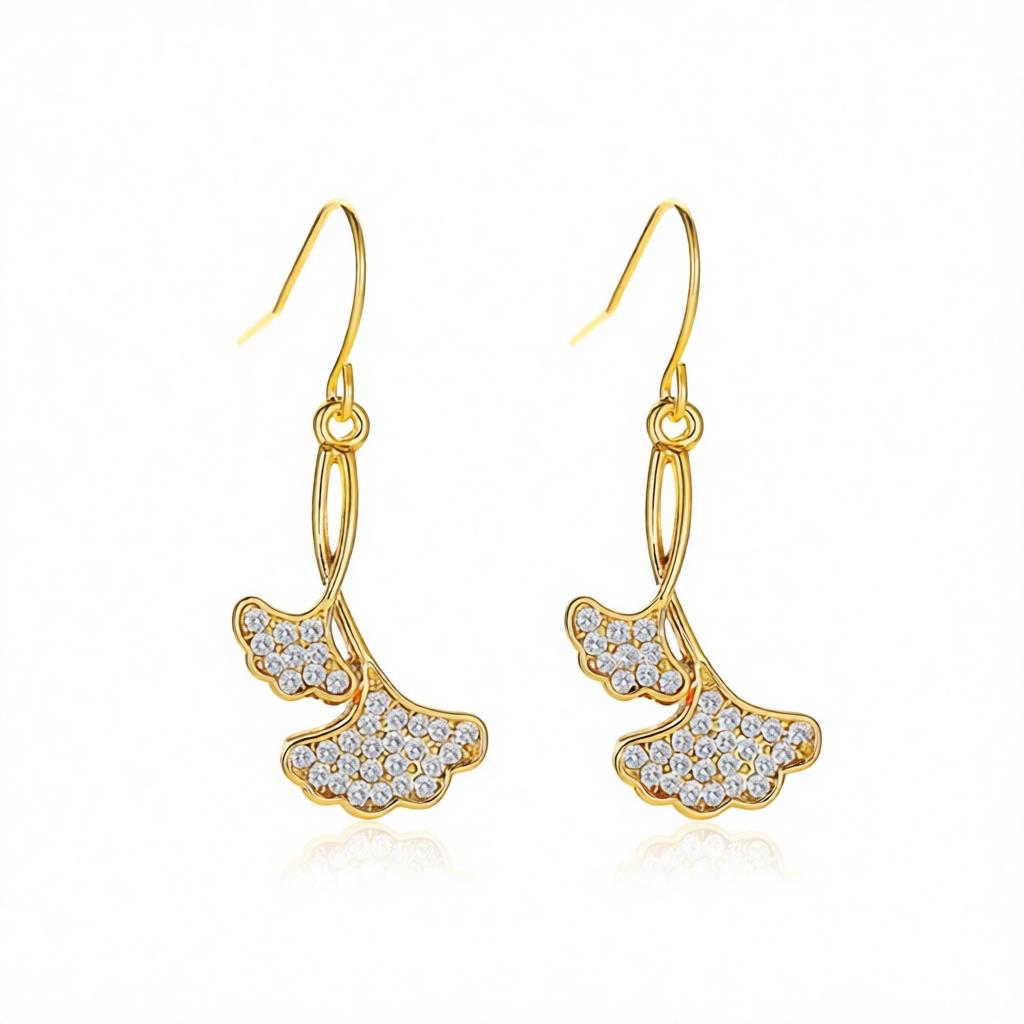 Cubic Zirconia and 18K Gold-Plated Gingko Leaf Drop Earrings, gold drop earrings for women, botanical inspired, side view