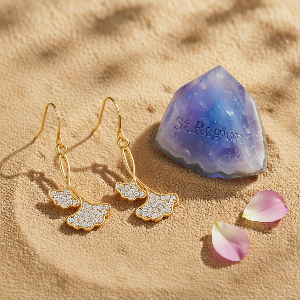 Cubic Zirconia and 18K Gold-Plated Gingko Leaf Drop Earrings, gold drop earrings for women, detail close-up