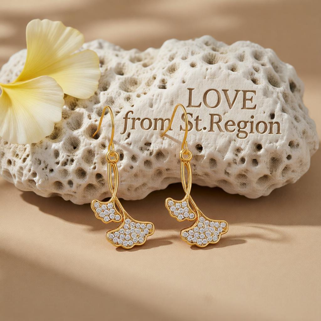 Cubic Zirconia and 18K Gold-Plated Gingko Leaf Drop Earrings, gold drop earrings for women, lifestyle look