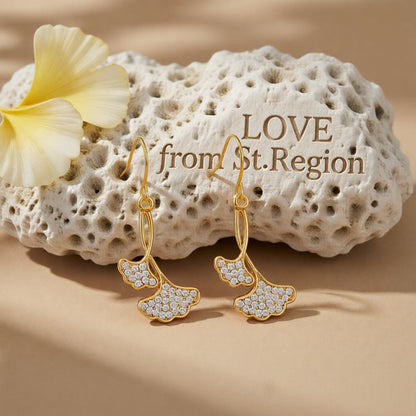 Cubic Zirconia and 18K Gold-Plated Gingko Leaf Drop Earrings, gold drop earrings for women, lifestyle look