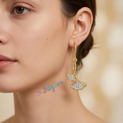 Cubic Zirconia and 18K Gold-Plated Gingko Leaf Drop Earrings, gold drop earrings for women, botanical inspired, styled look