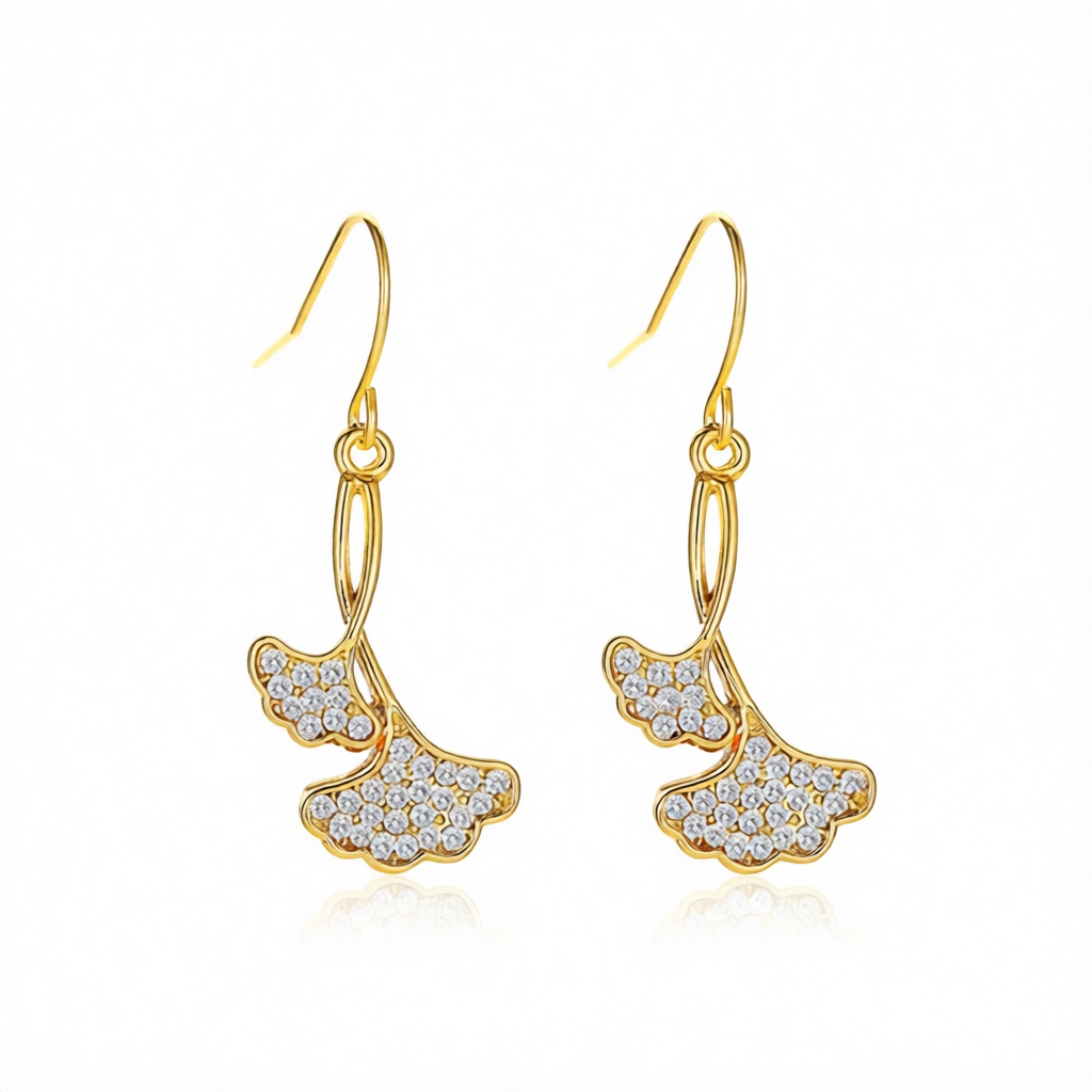 Cubic Zirconia & 18K Gold-Plated Gingko Leaf Drop Earrings