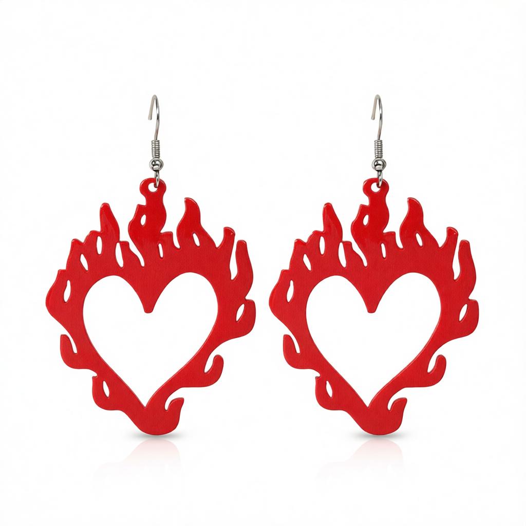 Red Acrylic and Silver-Plated Flame Heart Drop Earrings, silver drop earrings for women, dainty minimalist design, side view