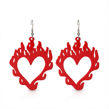 Red Acrylic and Silver-Plated Flame Heart Drop Earrings, silver drop earrings for women, dainty minimalist design, side view