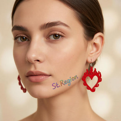 Red Acrylic and Silver-Plated Flame Heart Drop Earrings, silver drop earrings for women, styled look